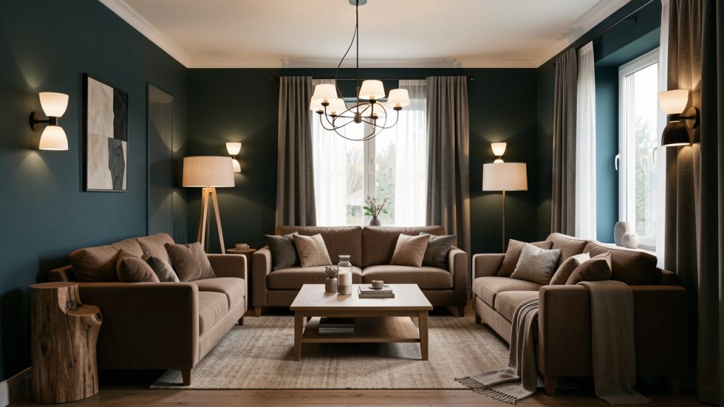 Salon sombre orienté au nord, décoré de tons bleu-vert et taupe, avec des meubles en chêne et plusieurs luminaires diffusant une lumière chaleureuse.