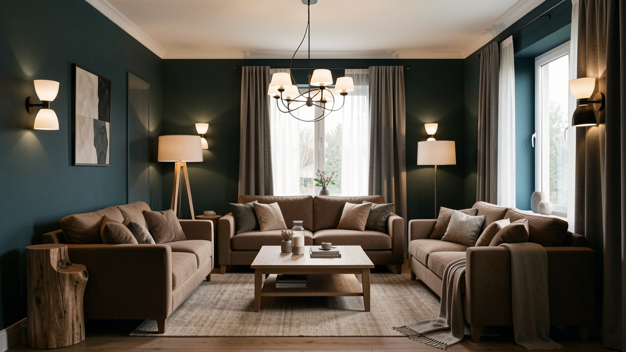 Salon sombre orienté au nord, décoré de tons bleu-vert et taupe, avec des meubles en chêne et plusieurs luminaires diffusant une lumière chaleureuse.