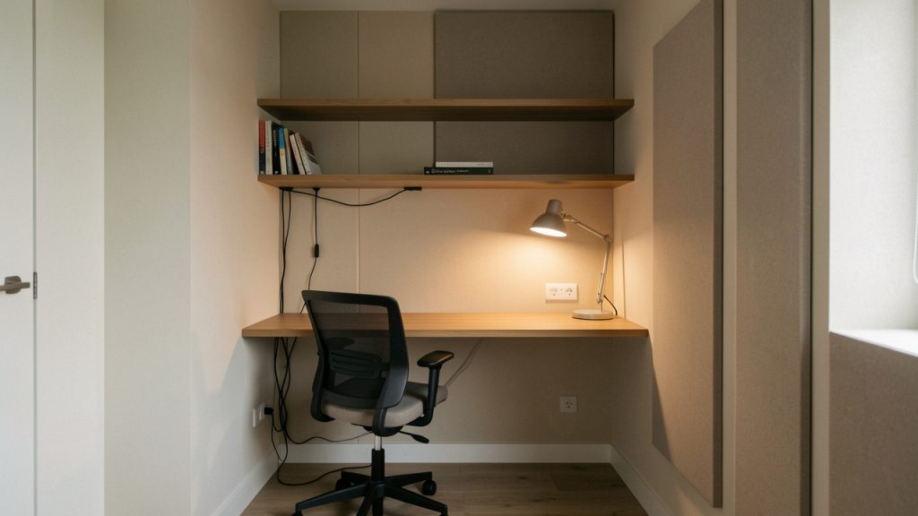 Coin bureau studio compact et discret, intégré dans un intérieur moderne avec un bureau en bois, une chaise ergonomique, des étagères et une lumière chaleureuse.
