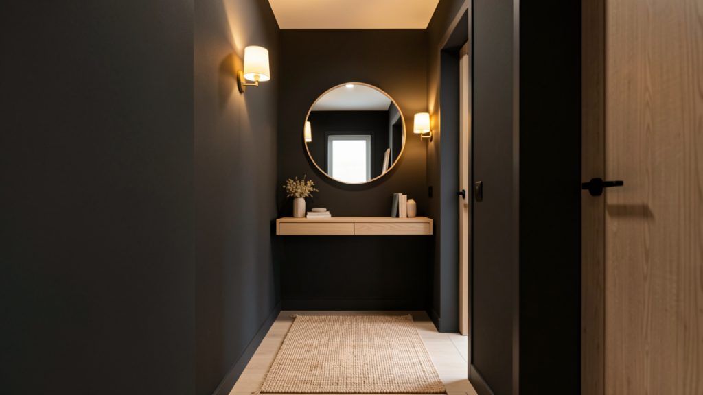 Entrée étroite et sombre aménagée avec une console murale fine, un miroir rond, des appliques chaleureuses et un passage dégagé.