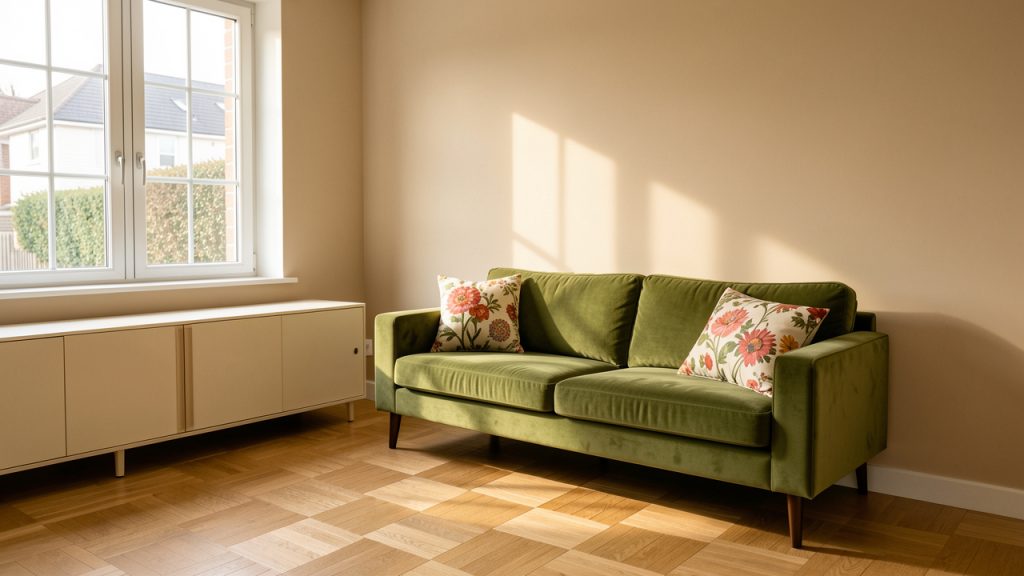 Salon moderne lumineux avec un buffet bas crème, un canapé en velours vert mousse, des coussins fleuris, des murs beige minéral et un parquet en chêne mat.