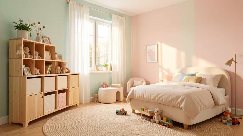 Chambre d’enfant lumineuse et chaleureuse avec des rangements en bois, un tapis doux, des meubles arrondis et des couleurs pastel.
