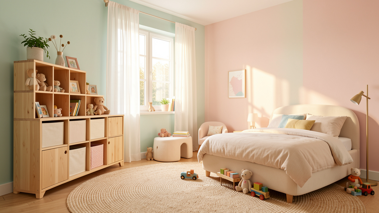 Chambre d’enfant lumineuse et chaleureuse avec des rangements en bois, un tapis doux, des meubles arrondis et des couleurs pastel.