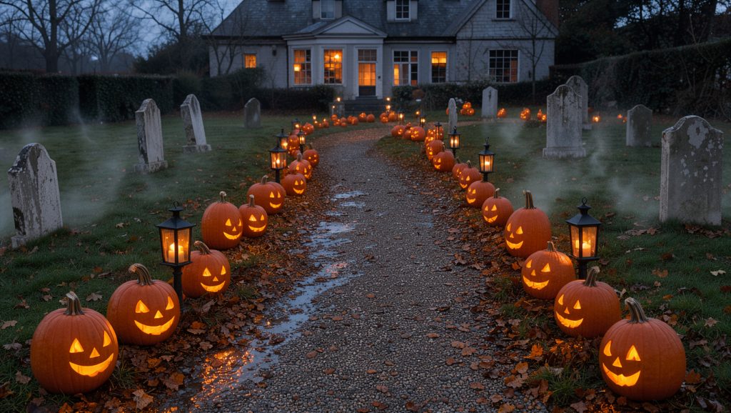 Jardin de maison décoré pour Halloween au crépuscule, avec une allée bordée de citrouilles lumineuses, des stèles de cimetière et une légère brume dans des tons noir, orange et blanc.