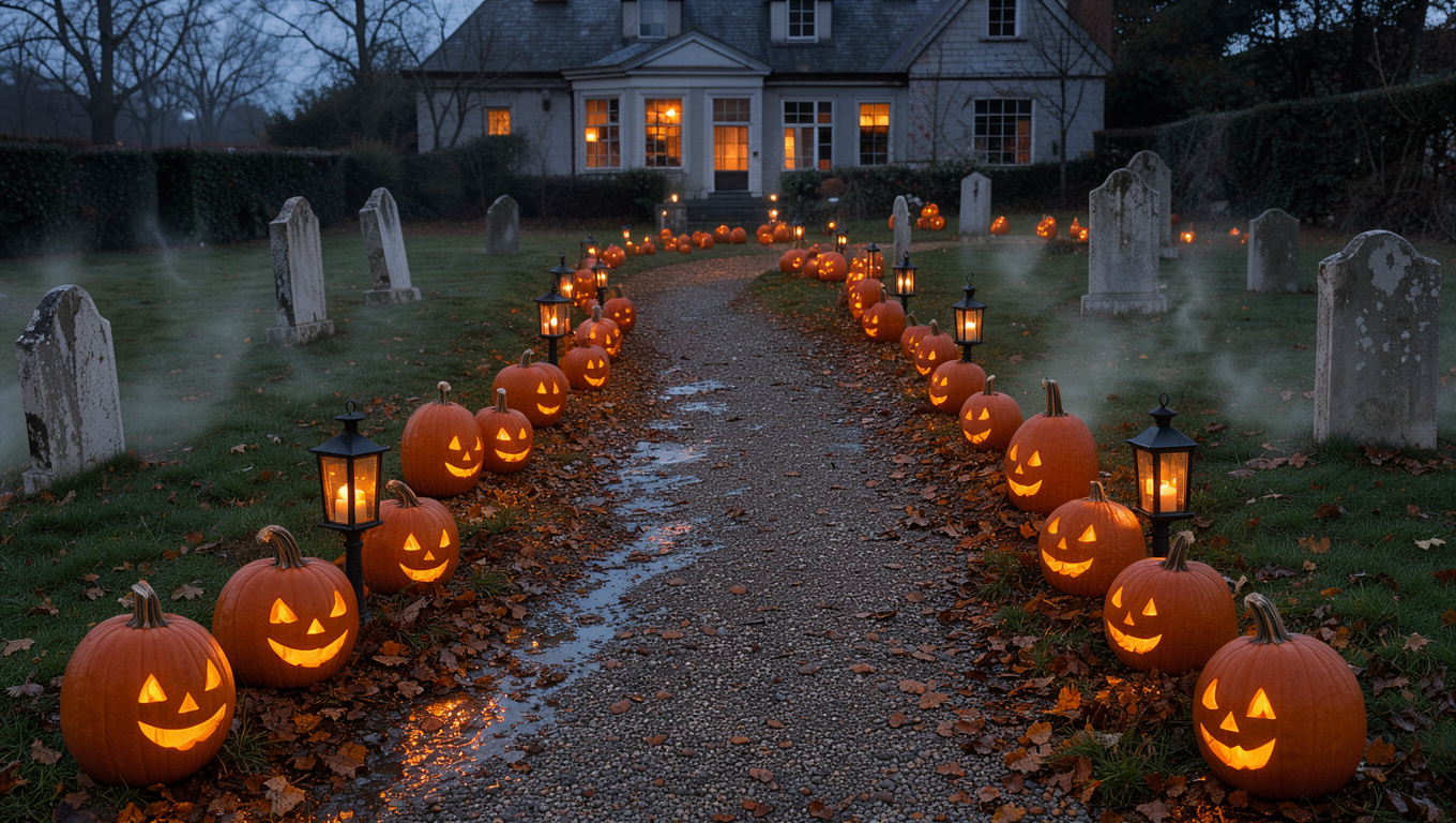 Jardin de maison décoré pour Halloween au crépuscule, avec une allée bordée de citrouilles lumineuses, des stèles de cimetière et une légère brume dans des tons noir, orange et blanc.